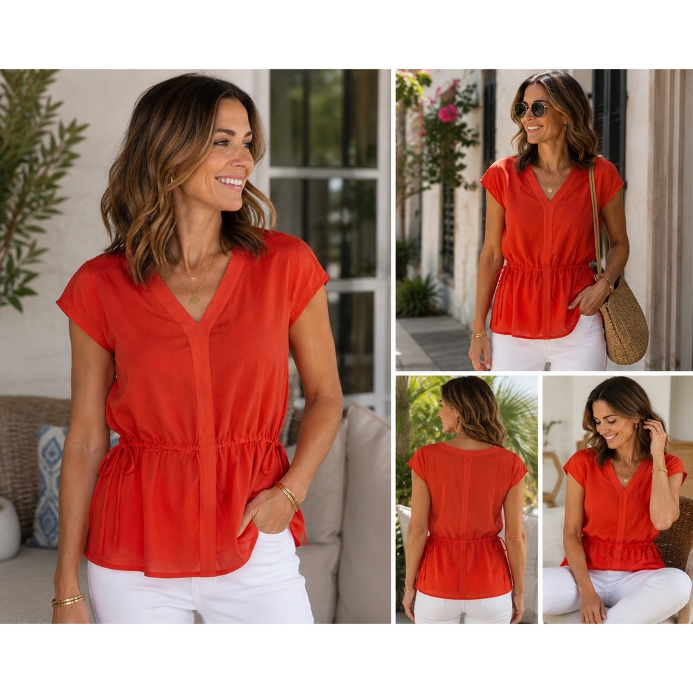 Doncaster Red Cotton Silk Blend Drawstring Waist Blouse Top Womens Work Classic